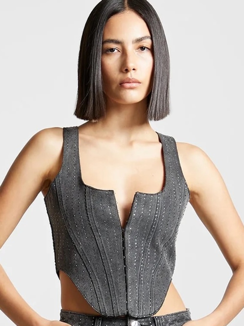 RHINESTONE DENIM CORSET - WASHED GREY - US 10 / WASHED GREY